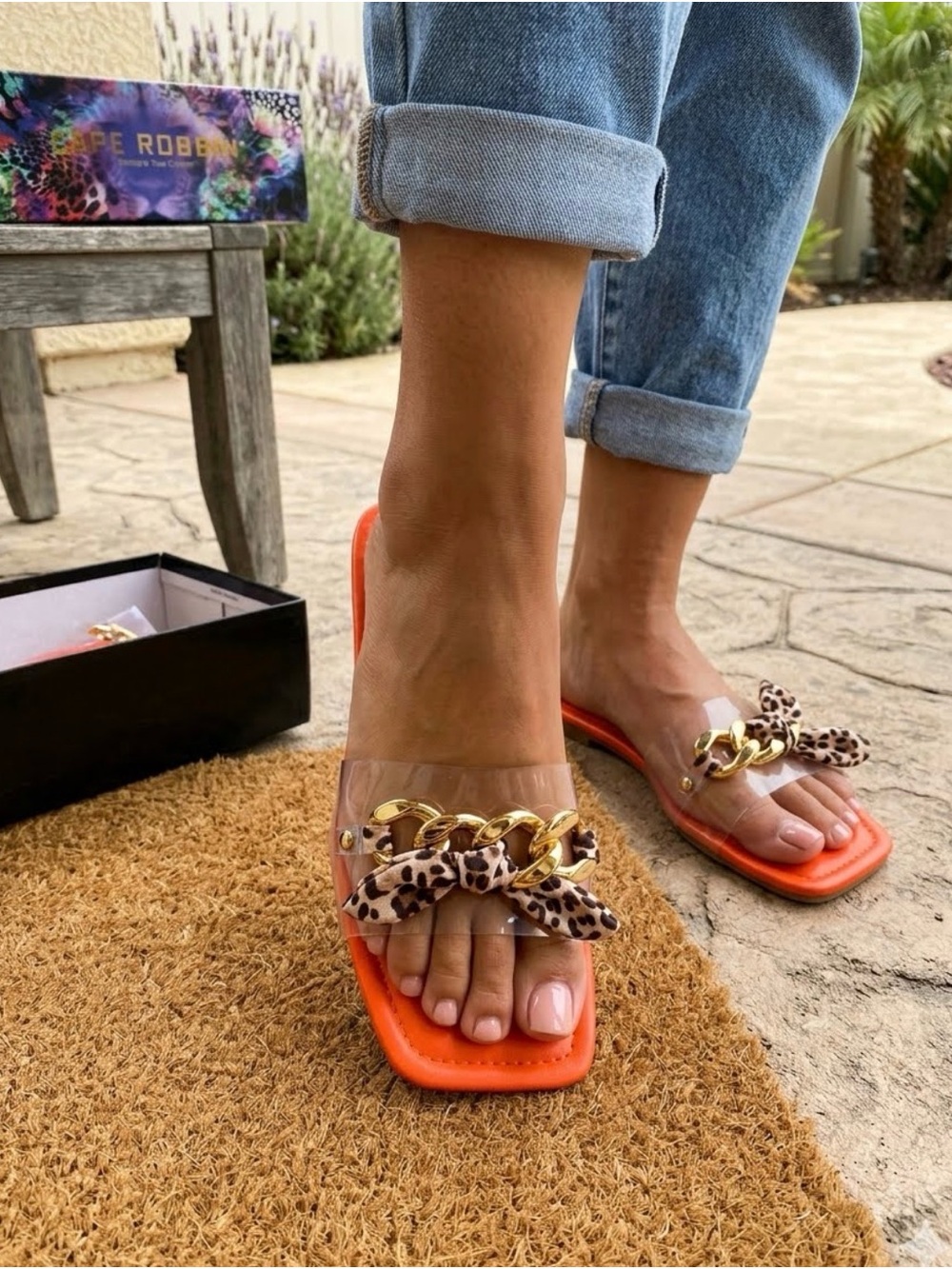 Cape Robbin Orange Slide Sandals with Leopard Bow & Gold Chain